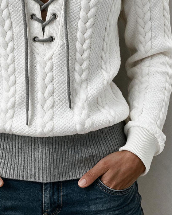 Bluse V-Hals Snøring Flettestrikk Lang Erm