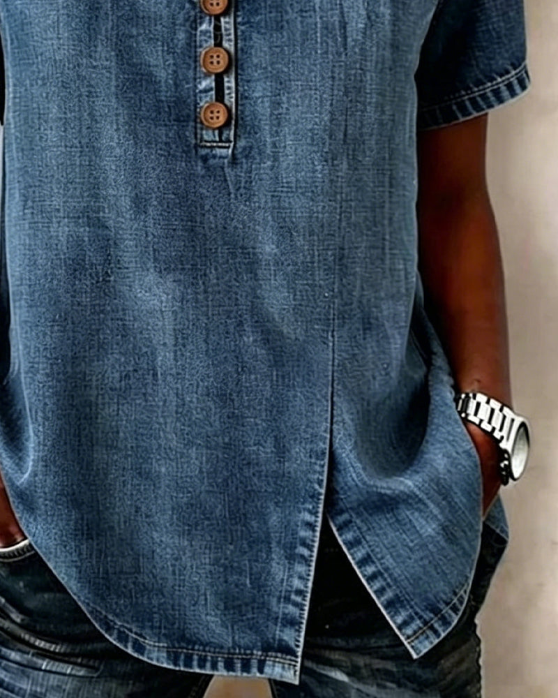 Bluse Med Splittet V-Hals I Denim