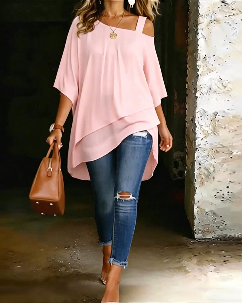 Bluse Asymmetrisk Cold Shoulder Ensfarget Avslappet