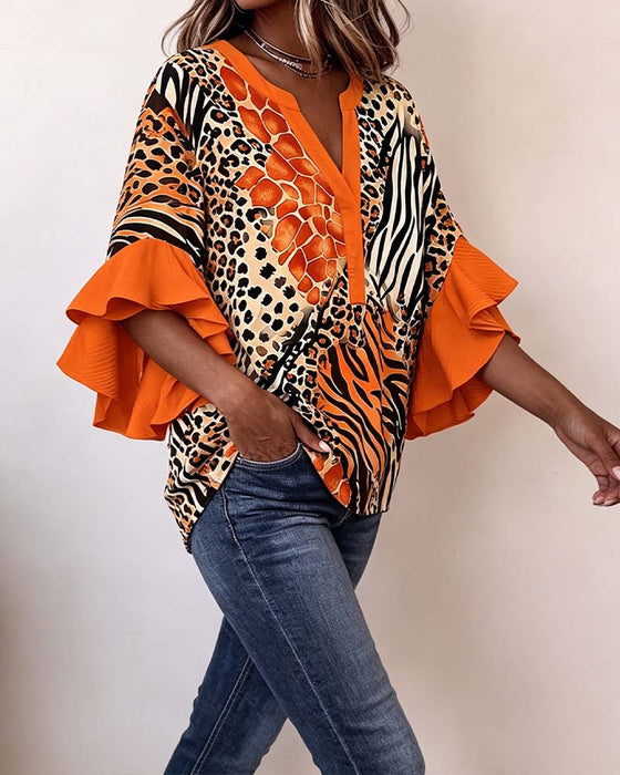 Bluse Sebra Leopard Trykk Ruffle Erme