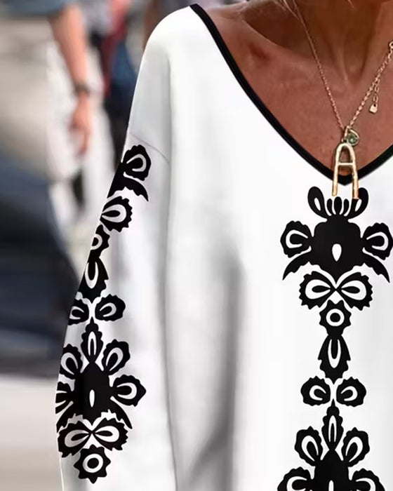 Fargeblokkert V-hals Mønstret Langermet Topp