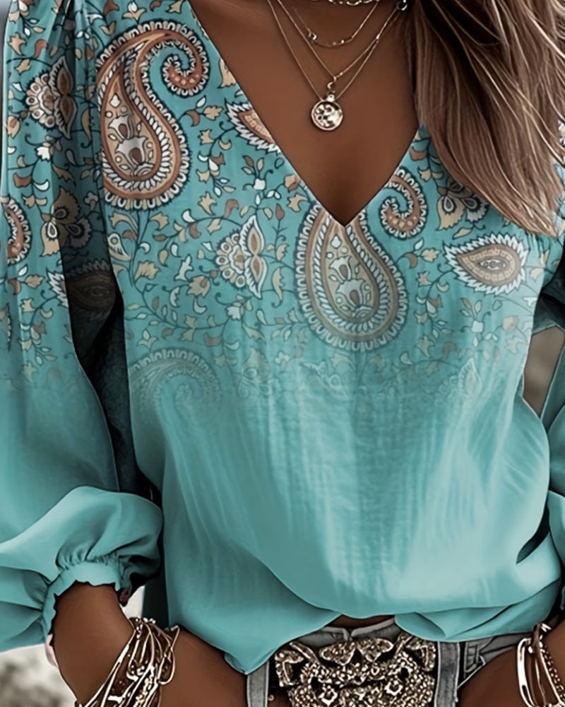 Bluse Gradient Paisley-Trykk V-Utringning Pufferme