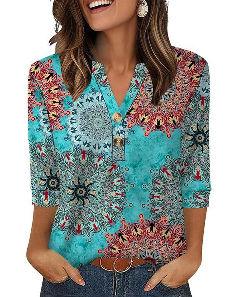 Bluse V-Hals Knappet Trekvart Erme