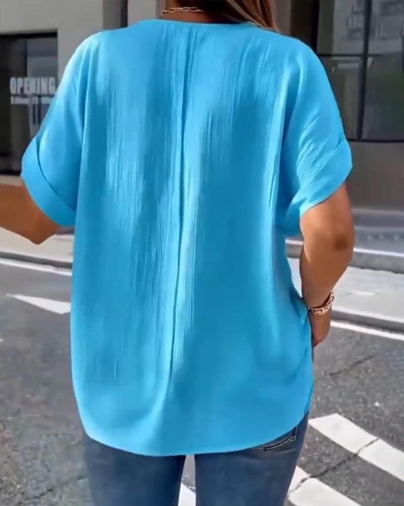 100% Bomull T-Skjorte V-Hals Løs Teksturert