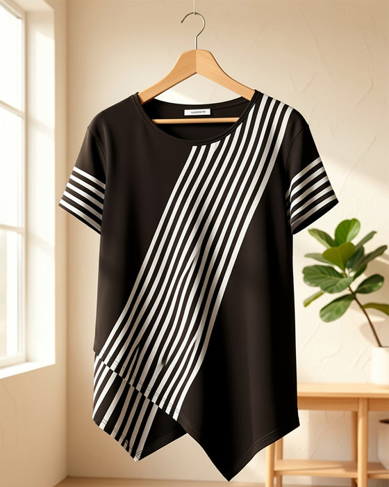 T-Shirt Diagonal Stripe Patchwork Rundhalset