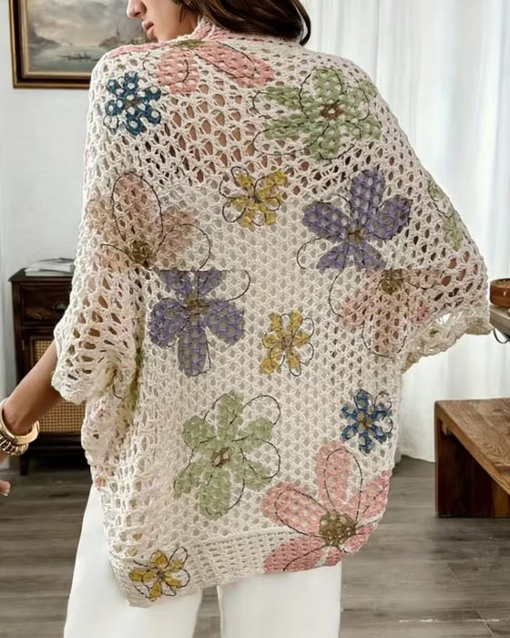 Cardigan Uthuling Blomstertrykk Strikket