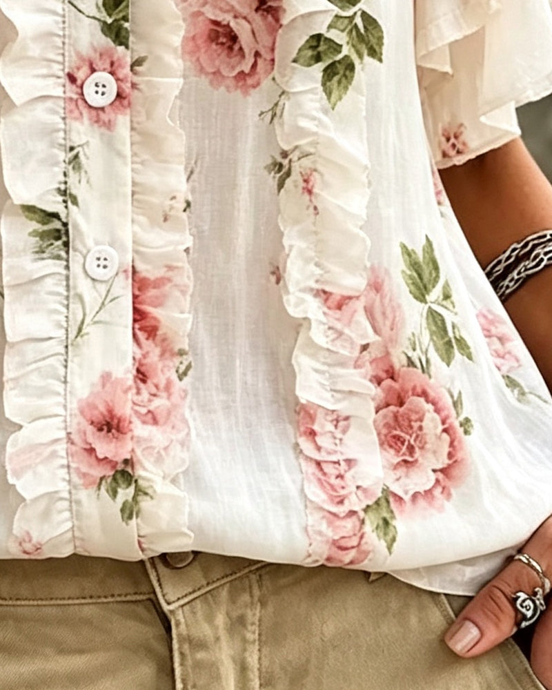 Bluse Floralt Rynket Dobbeltlaget Kant