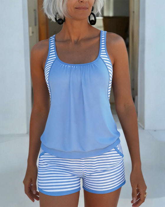 Tankini Blå Og Hvit Stripe Patchwork