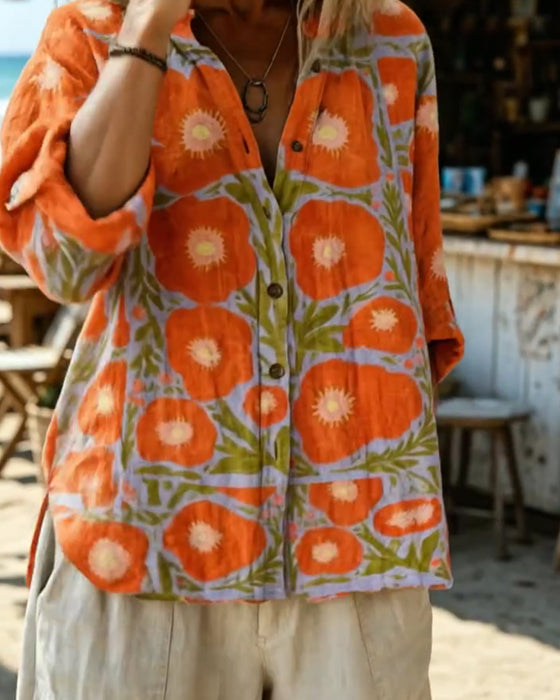 Skjorte Ståkrage Knappefront Vintage Blomstret