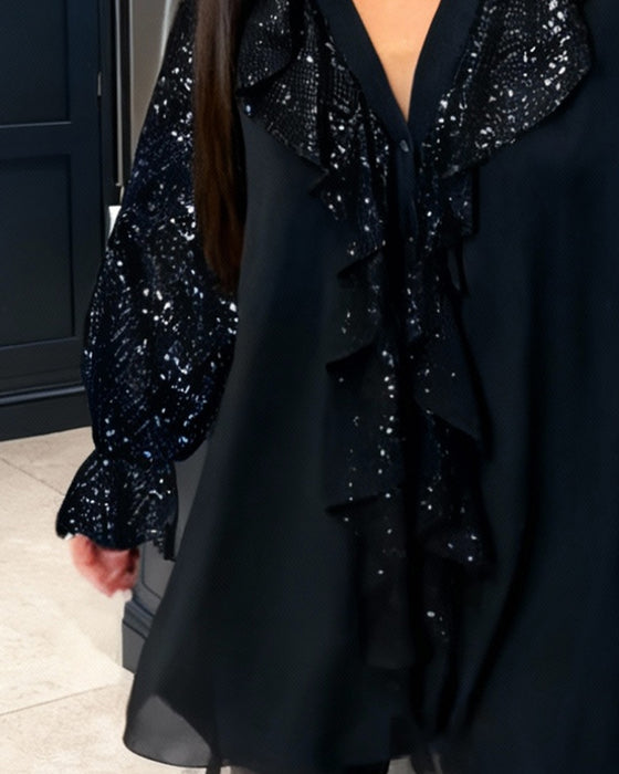 Helfarget Løstsittende Bluser Med Rysjer