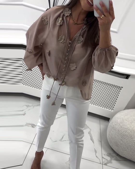 Bluse Ensfarget 3D-Blomster Snøring