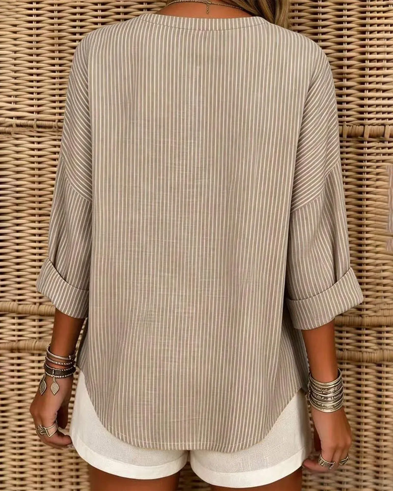 Topp V-Hals Stripe Uregelmessig Lang Erme