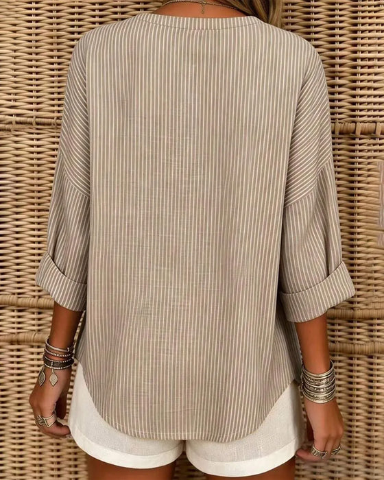 Topp V-Hals Stripe Uregelmessig Lang Erme