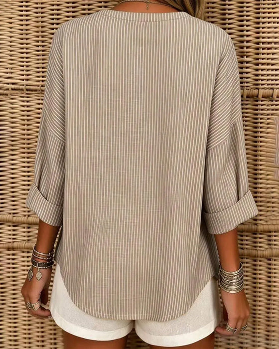 Topp V-Hals Stripe Uregelmessig Lang Erme