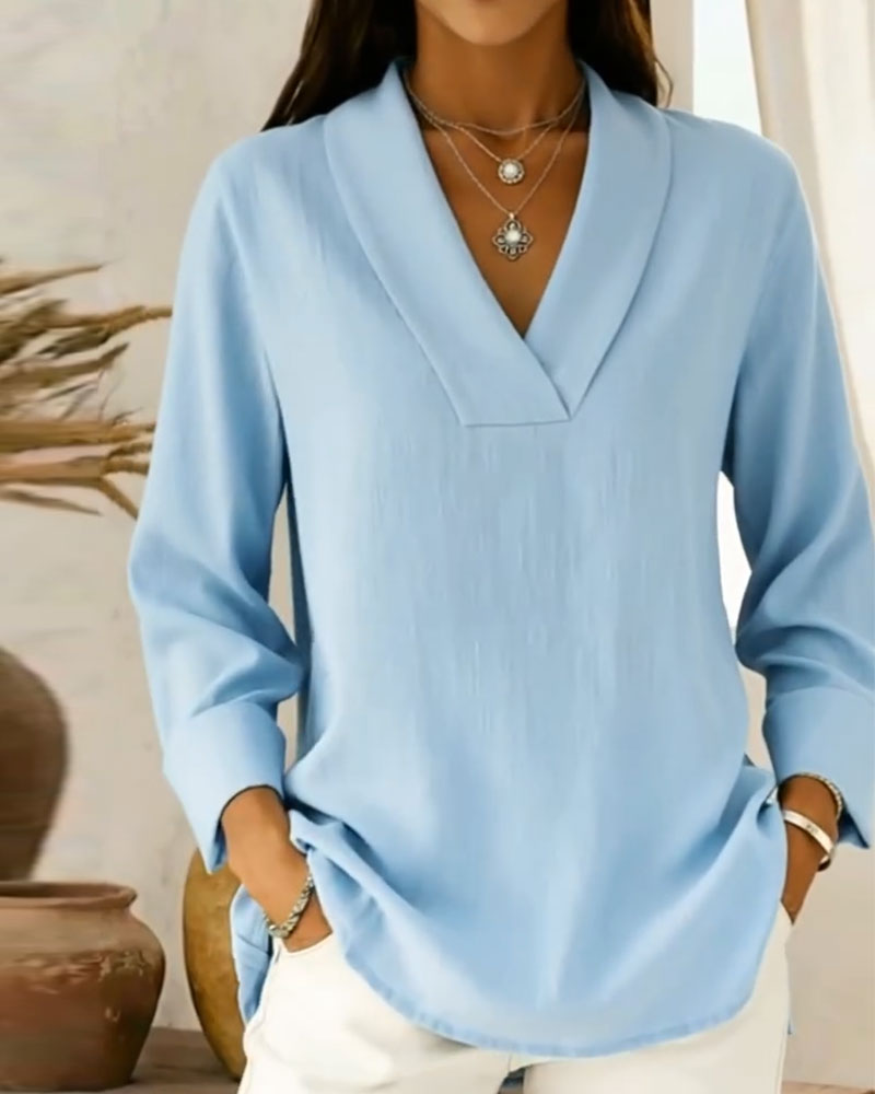 Topp Enkel V-Hals Lang Erme