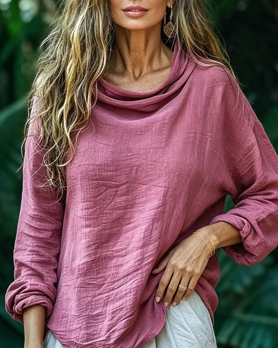 Bluse Drapert Hals Casual Solid Lang Erme