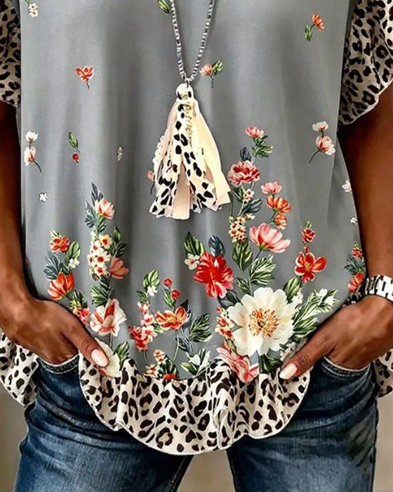 T-Skjorte Leopard Lappeteppe Blomstret Trykk