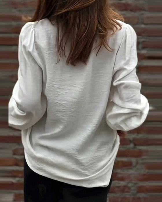 Bluse V-Hals Knapp Foran Ruffle Puffererme