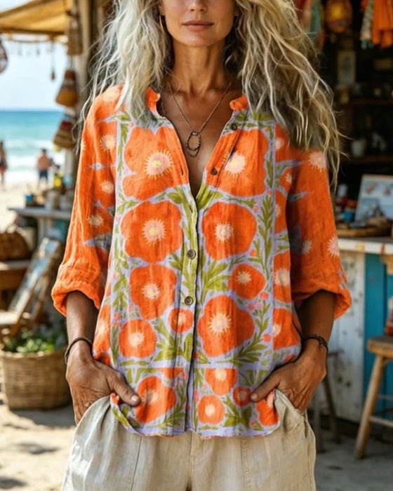 Skjorte Ståkrage Knappefront Vintage Blomstret
