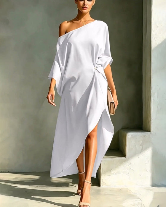 Kjole Off-Shoulder Rynket Uregelmessig Solid