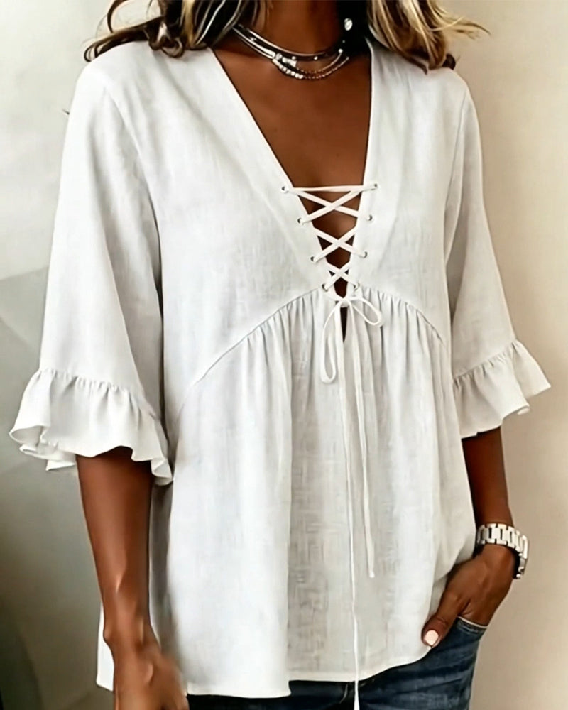 Bluse Ensfarget V-Hals Rysj