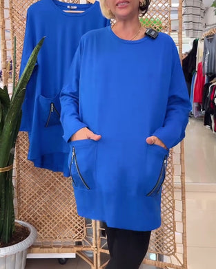 Genser med rund hals ensfarget glidelåslomme