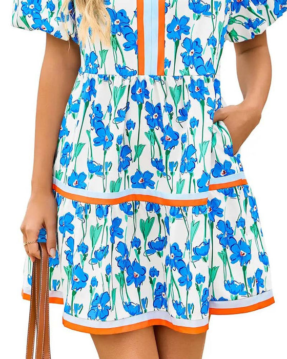 Kjole V-Hals Blomstrende Boble Erme Patchwork