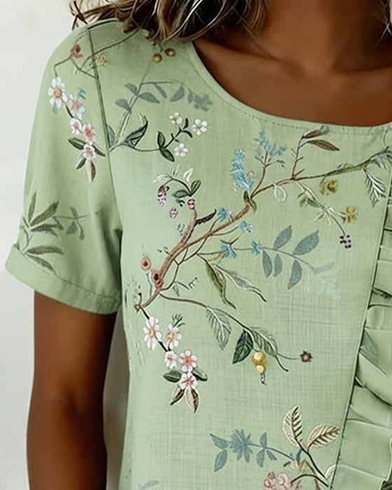 Bluse Rundhalset Kortsermet Rysje Blomstret