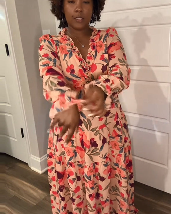 Kjole V-Hals Lang Erm Blomster