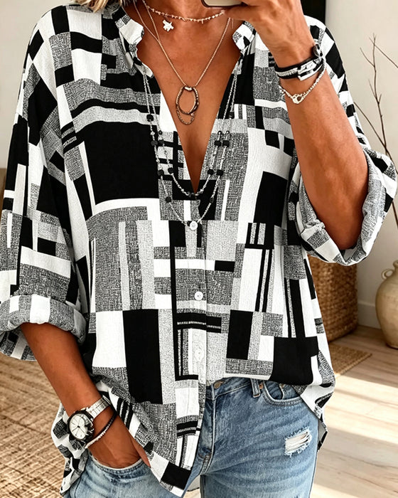 Bluse Geometrisk Trykk V-Hals Avslappet