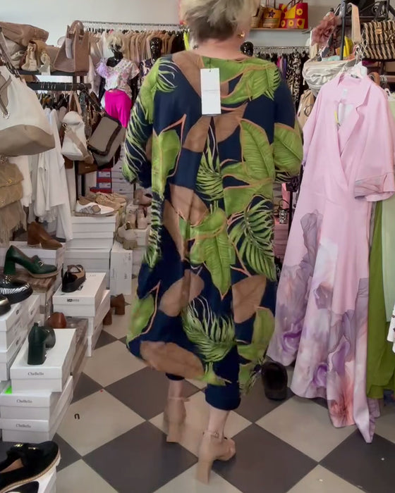 Løs Kjole Med Bladtrykk Og V-Hals