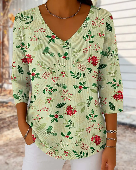 Damens strikket topp med julprint, V-hals, 3/4 ærmer, casual stil og løs passform