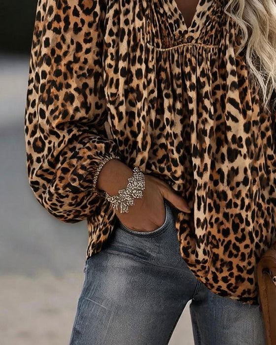 Bluse V-Hals Leopard Trykk Rynket Pufferme