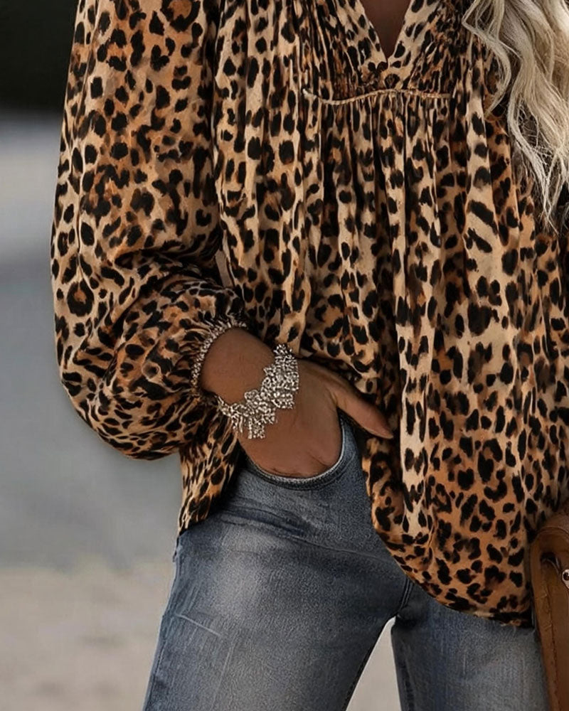 Bluse V-Hals Leopard Trykk Rynket Pufferme