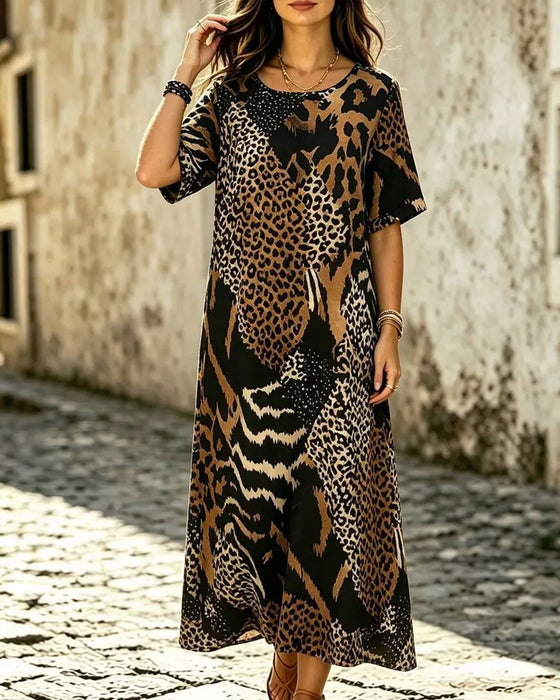 Kjole Rund Hals Halv Erme Leopardsmønster Utsvinget