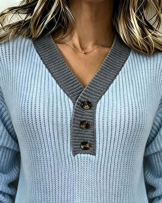 Pullover V-Hals Fargeblokk Knapp