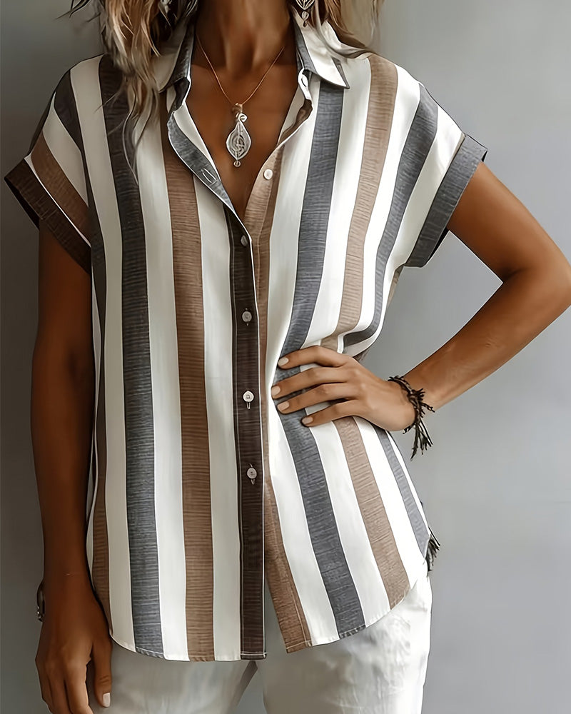 Skjorte Vertikal Stripe Kort Erme