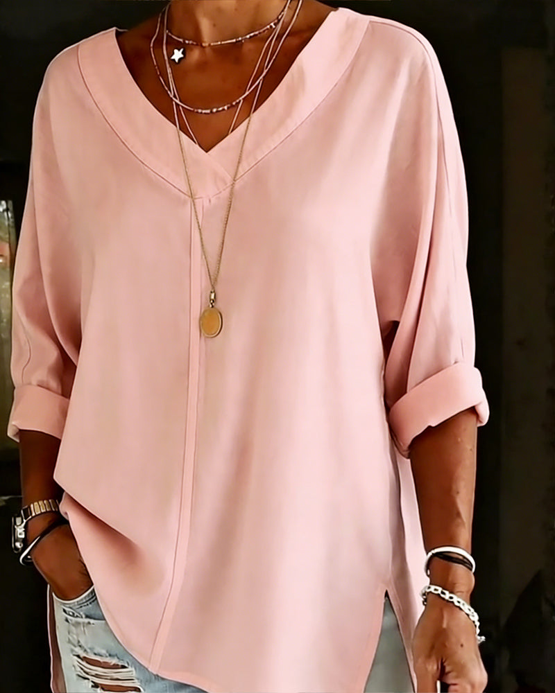 Topp 100% Bomull V-Hals Trekvart Erme Splitt