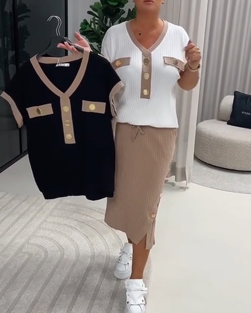 T-Skjorte V-Hals Mote Ribbet Knapp