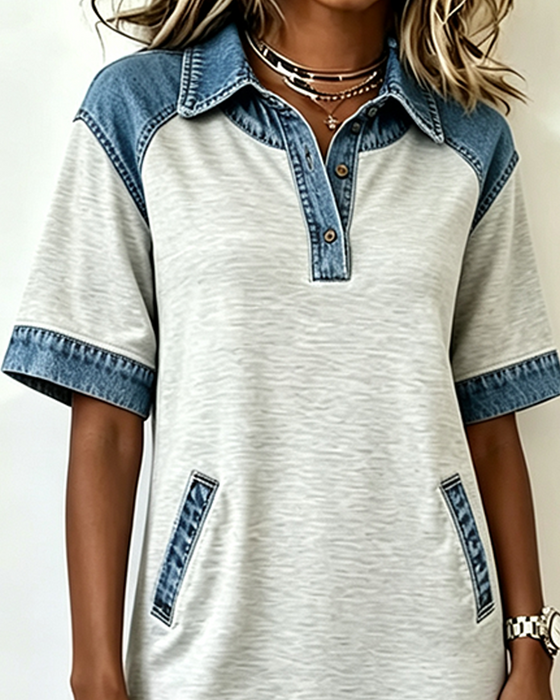 Kjole Skjortekrage Denim Patchwork Lomme