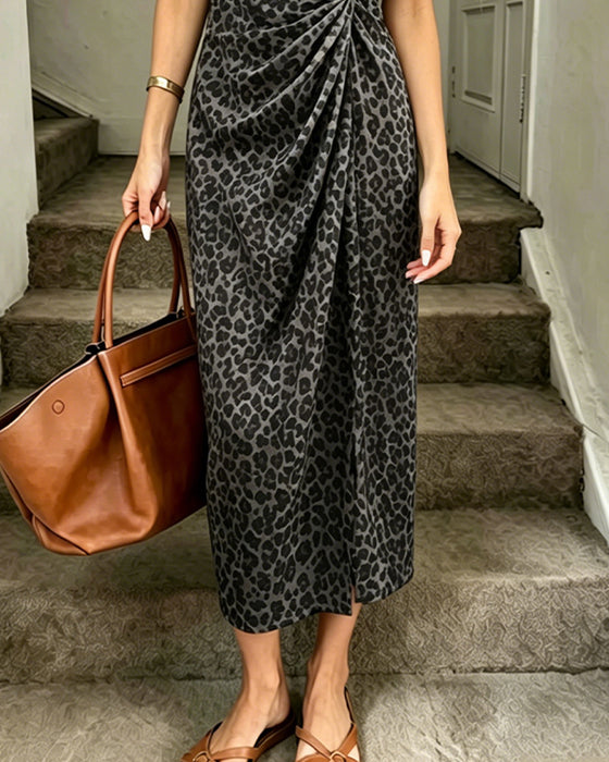 Kjole Rund Hals Twist Foran Leopard Kort Erme Lang