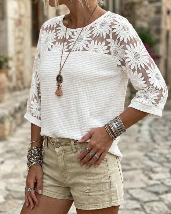 T-Skjorte Rund Hals Blonde Vaffel Patchwork