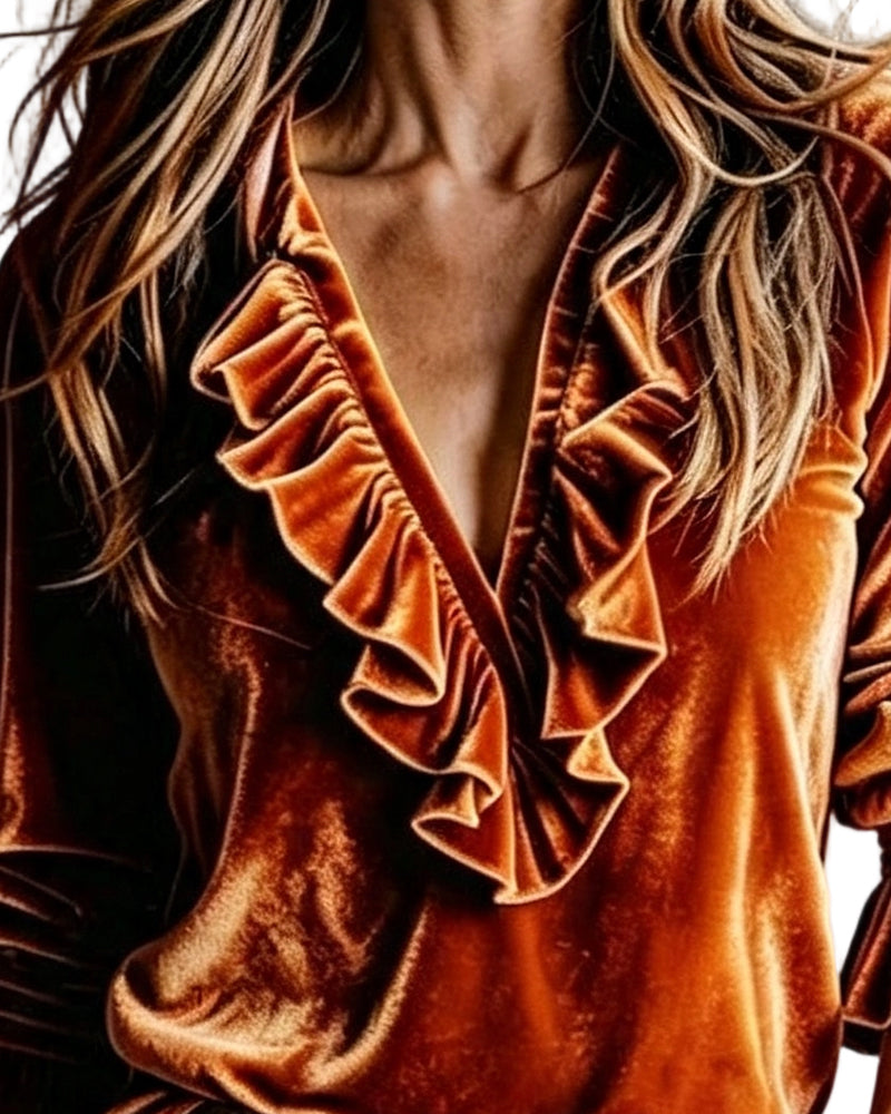 Bluse V-Hals Ruffle Knyte