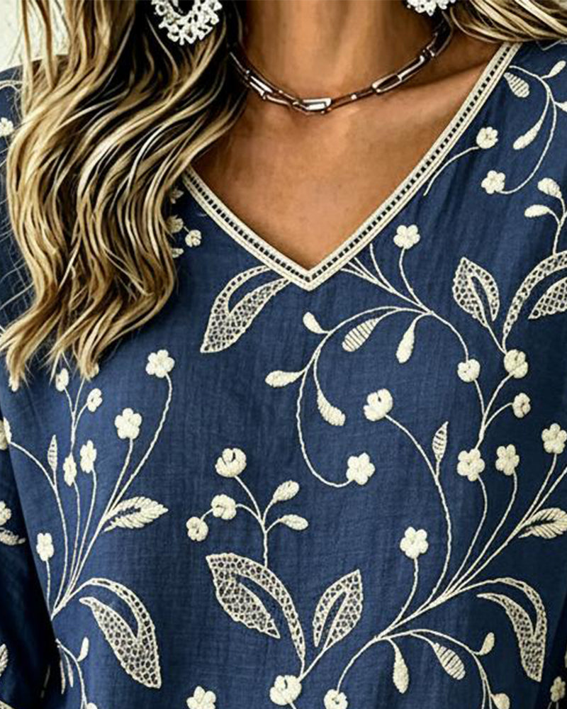 Bluse V-Hals Trekvart Erme Plantetrykk