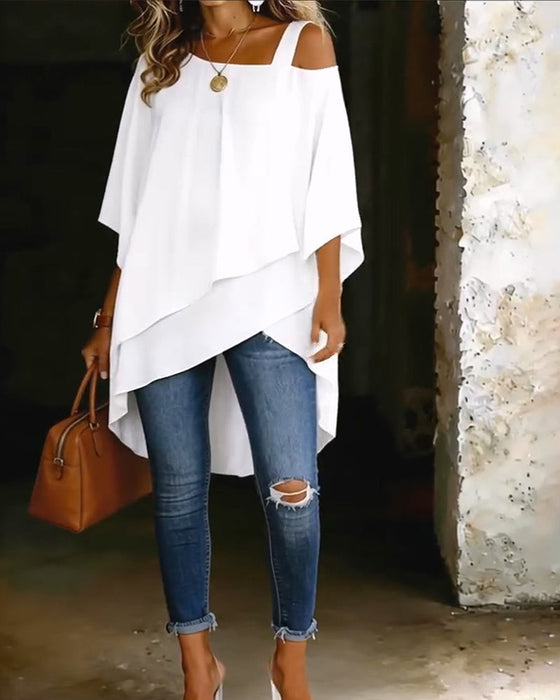 Bluse Asymmetrisk Cold Shoulder Ensfarget Avslappet