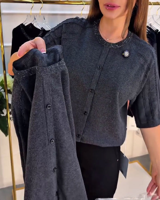 Pullover Rund Hals Kort Erme Enkeltknappet