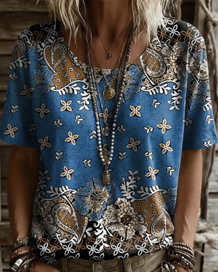 T-Shirt Vintage Blomstret Fargeblokk Rundhals