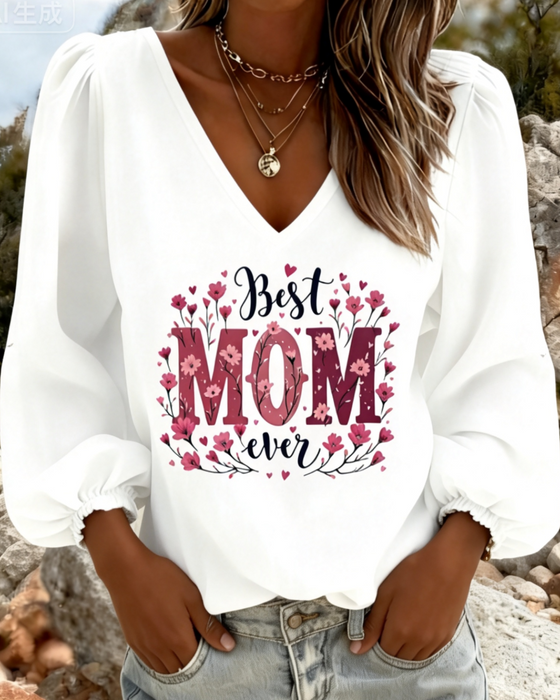 Bluse V-Hals Lykt Erme Trykk