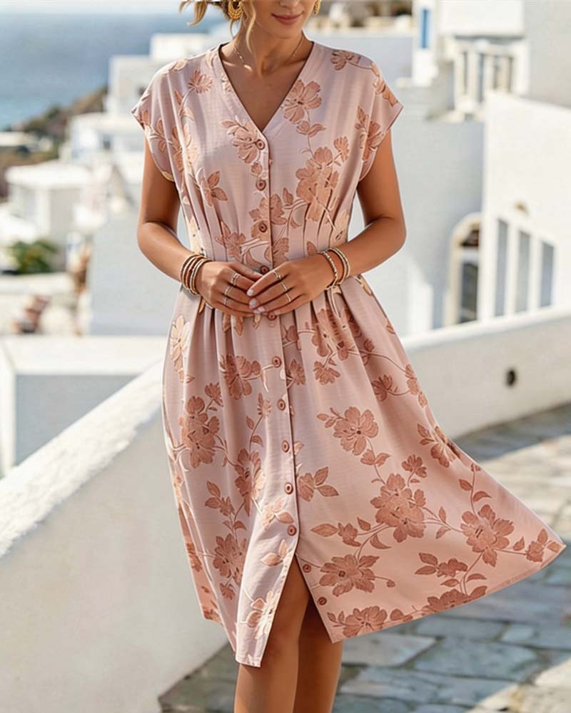 Kjole V-Utringning Trykk Innsnørt Midje Knappefront