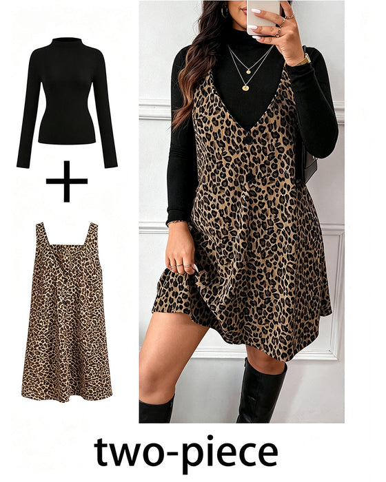 Sett Turtleneck Slim Fit Leopardsmønstret Hageskjørtsett